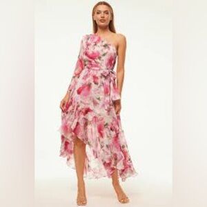 NEW MISA $480 Sabrina Dress One Shoulder Belted Ruffle Midi Sz XS Floral Pink